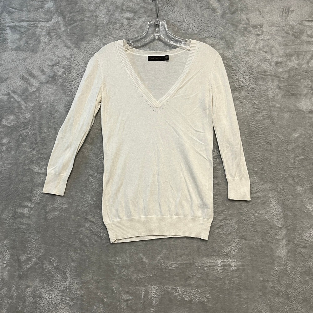 The Limited V-Neck Sweater Women Small Ivory White 3/4 Sleeve Knit Top